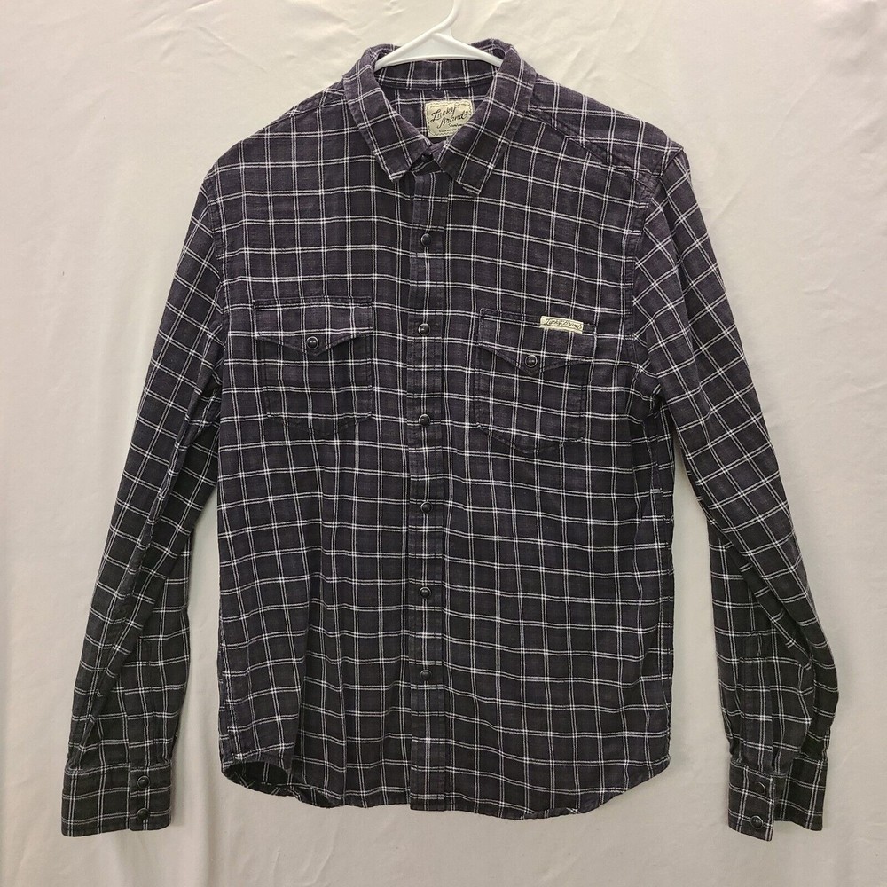 Lucky Brand Long Sleeve pearl snap Flannel Shirt Sz sm 36 black plaid distressed